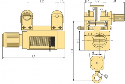 Modification with trolley, normal headroom – reeving 2/1